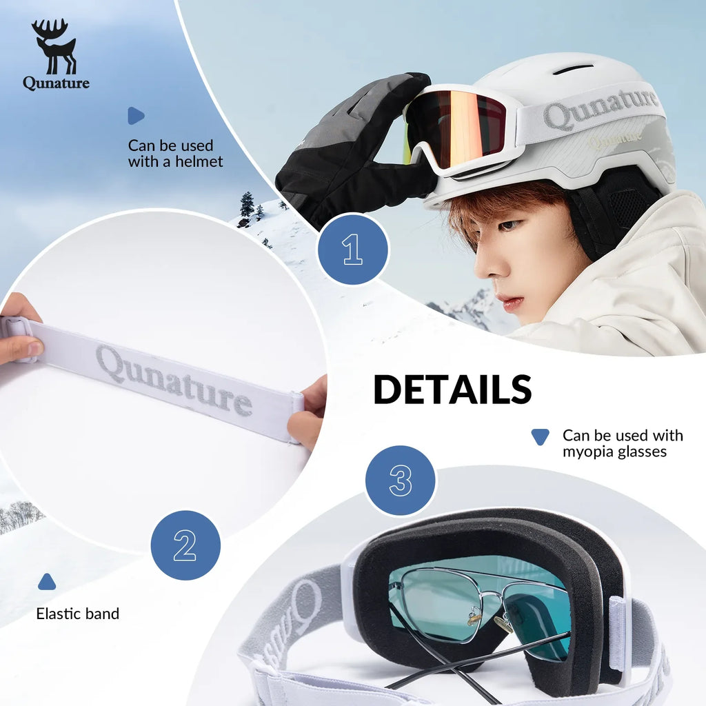 Person wearing a Qunature helmet and goggles with product details