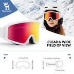 Ski goggles with reflective lenses and a helmet on a snowy mountain background, featuring the Quanature brand