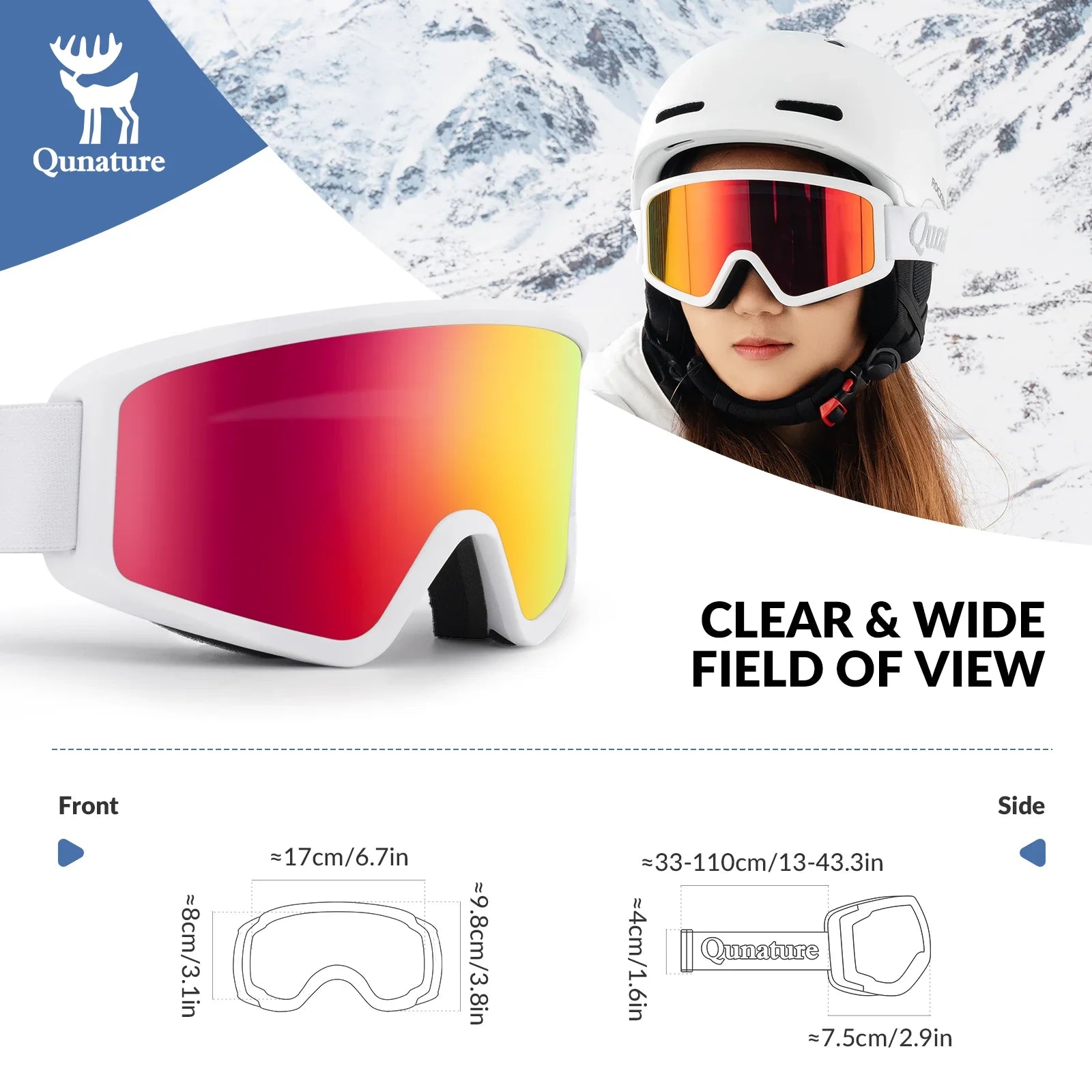 Ski goggles with reflective lenses and a helmet on a snowy mountain background, featuring the Quanature brand