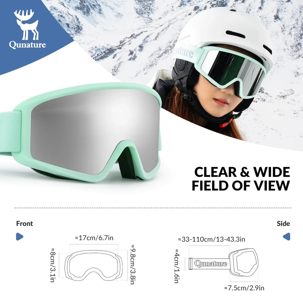 Snow goggles with a person wearing them against a snowy mountain background, featuring the Qunature brand