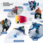 Sunglasses with red and orange lenses displayed against a snowy outdoor background with activities like snowmobiling, hiking, fishing, climbing, and snowboarding