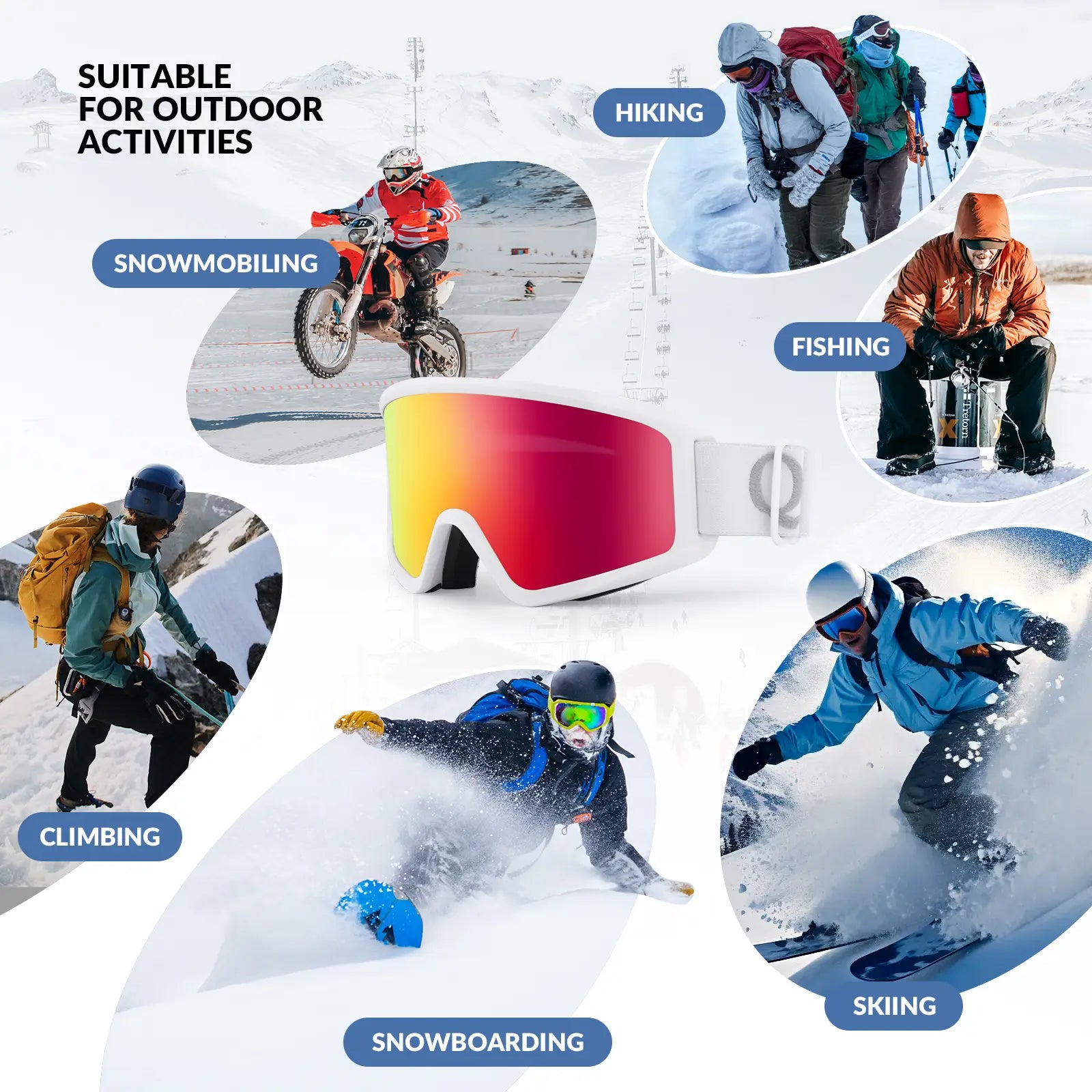 Sunglasses with red and orange lenses displayed against a snowy outdoor background with activities like snowmobiling, hiking, fishing, climbing, and snowboarding