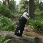 Black water bottle with a white cap and Qunature logo on a hiking trail background - offered by the best hiking gear store in New York, The Adirondack Tool Co.