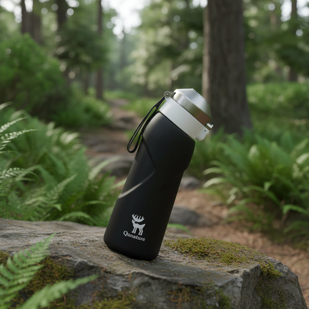 Black water bottle with a white cap and Qunature logo on a hiking trail background - offered by the best hiking gear store in New York, The Adirondack Tool Co.