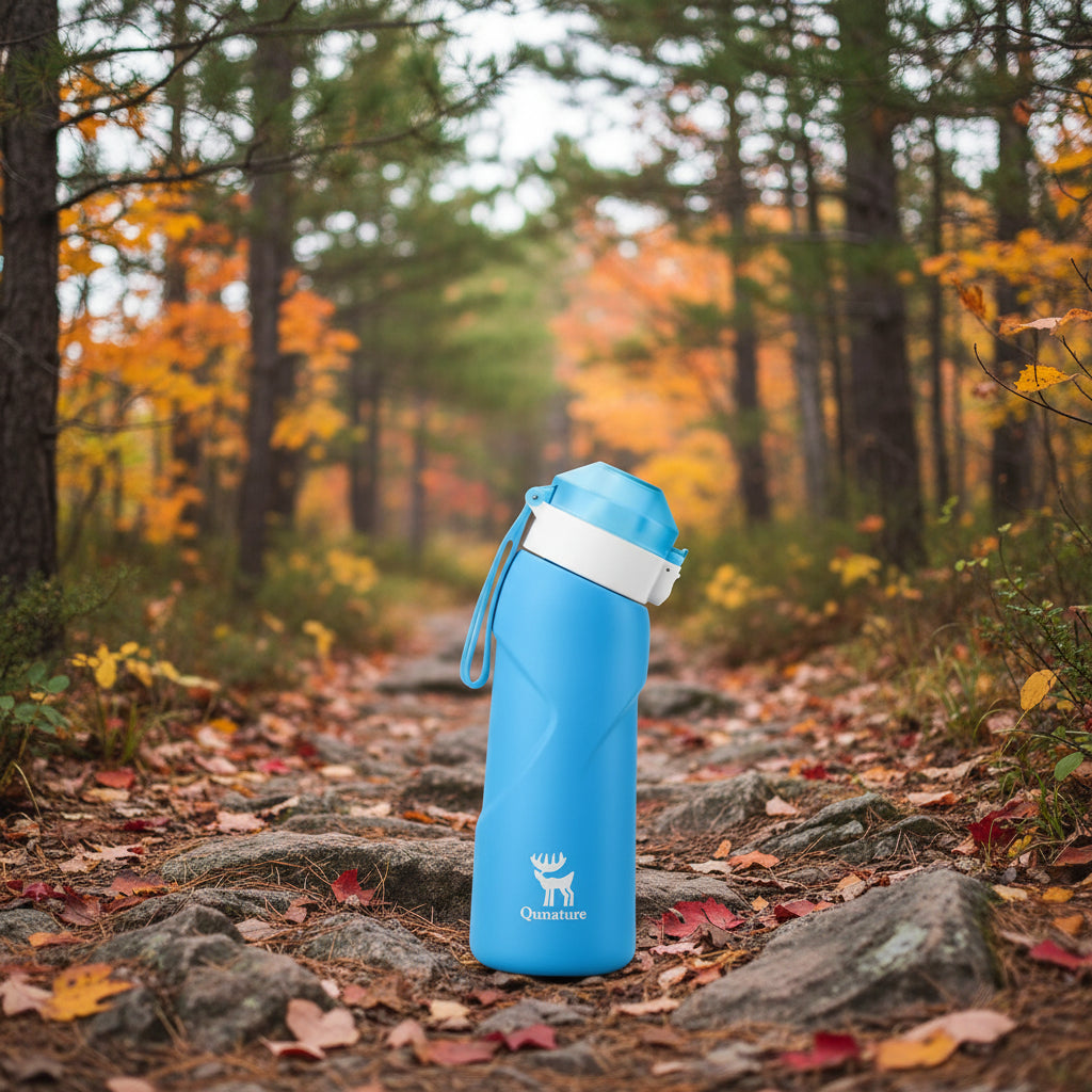 Blue water bottle with a white cap and Qunature logo on a hiking trail background - offered by the best hiking gear store in New York, The Adirondack Tool Co.