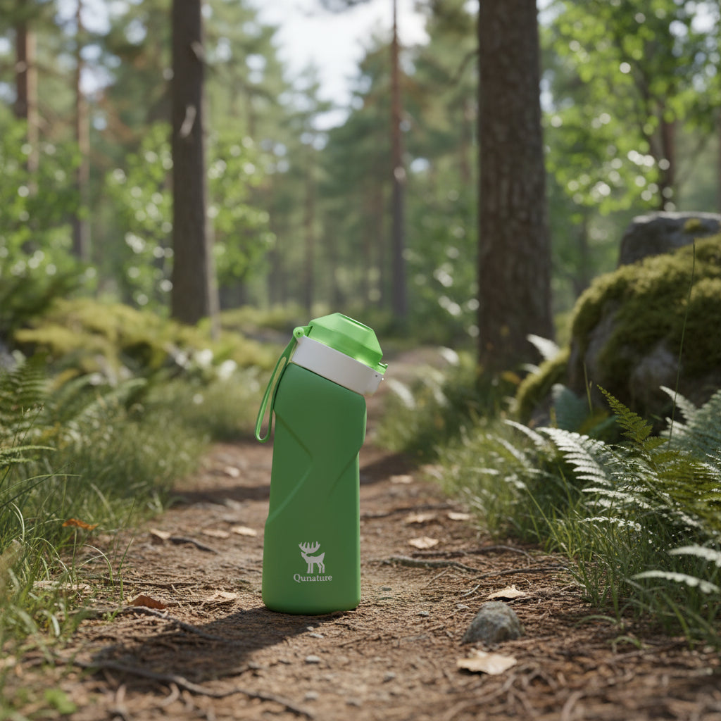 Green water bottle with a white cap and Qunature logo on a hiking trail background - offered by the best hiking gear store in New York, The Adirondack Tool Co.