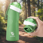 Green water bottle with a white cap and Qunature logo on a hiking trail background - offered by the best hiking gear store in New York, The Adirondack Tool Co.