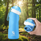 Blue water bottle with a white cap and Qunature logo on a hiking trail background - offered by the best hiking gear store in New York, The Adirondack Tool Co.