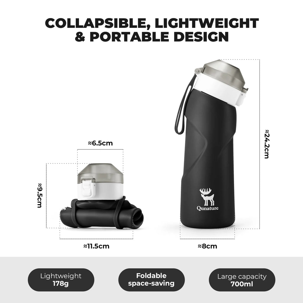 Collapsible water bottle with dimensions and features on a white background - offered by the best hiking gear store in New York, The Adirondack Tool Co.