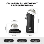 Collapsible water bottle with dimensions and features on a white background - offered by the best hiking gear store in New York, The Adirondack Tool Co.