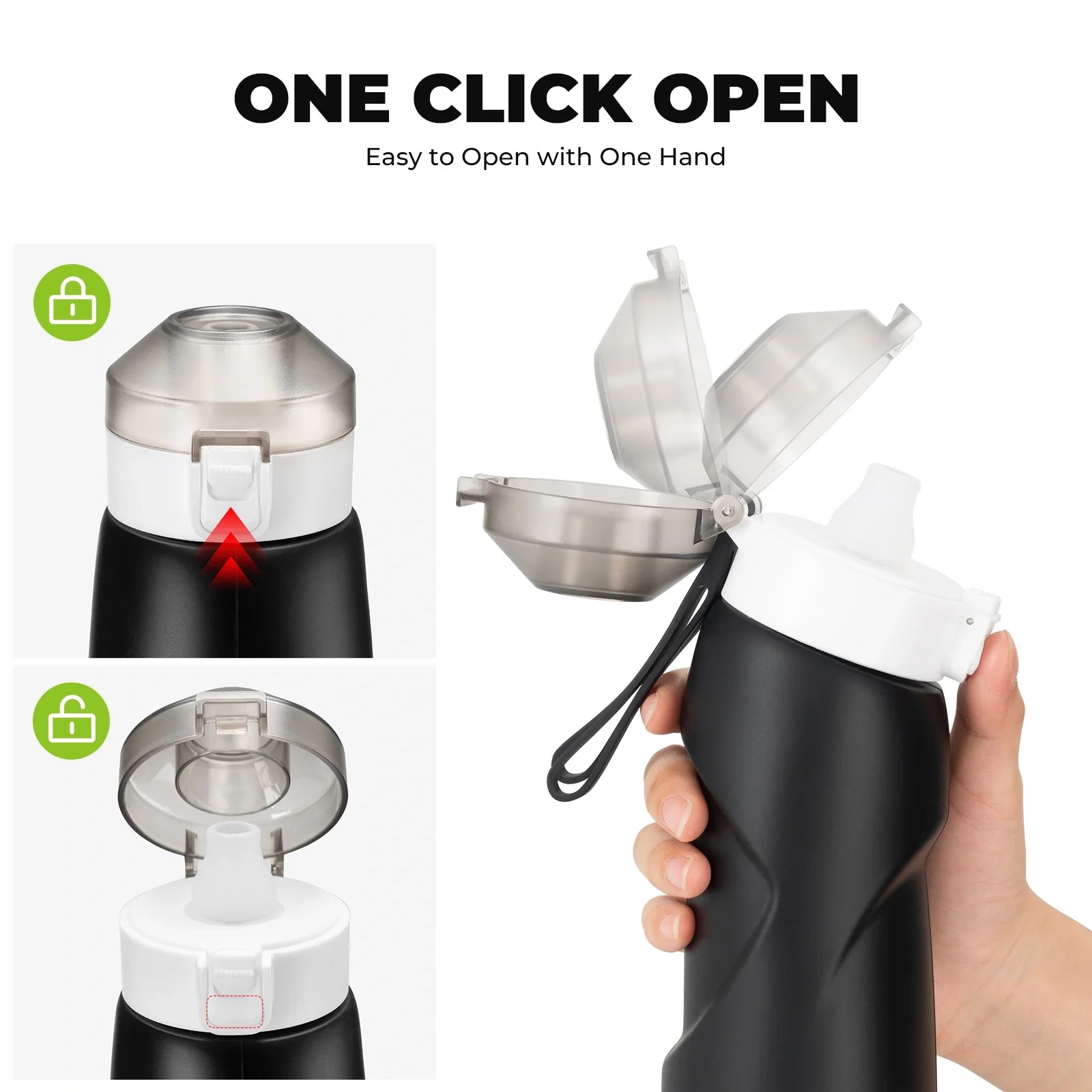 Black water bottle with white cap and one-click opening mechanism, held by a hand on a white background - offered by the best hiking gear store in New York, The Adirondack Tool Co.