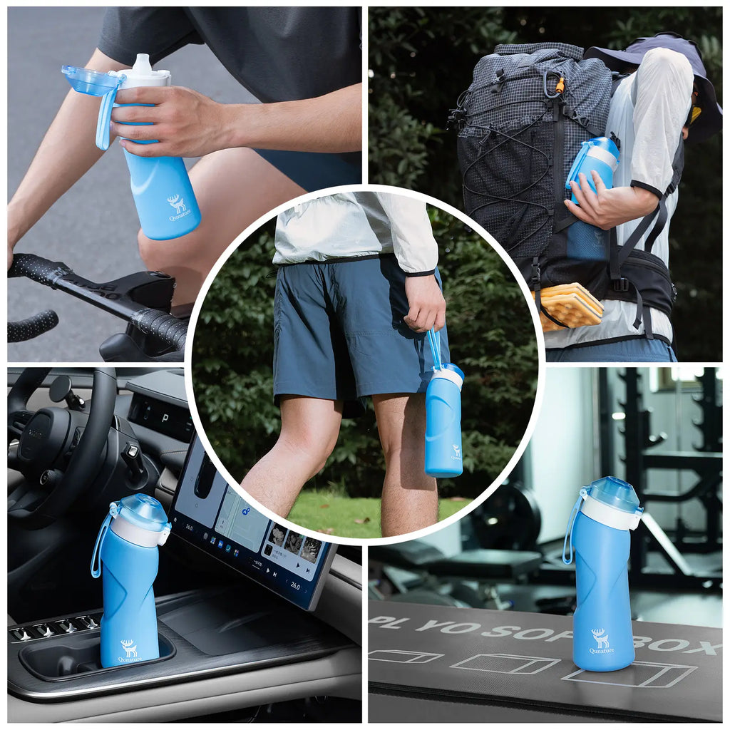Collage of blue water bottles with a white cap and Qunature logo on various backgrounds - offered by the best hiking gear store in New York, The Adirondack Tool Co.