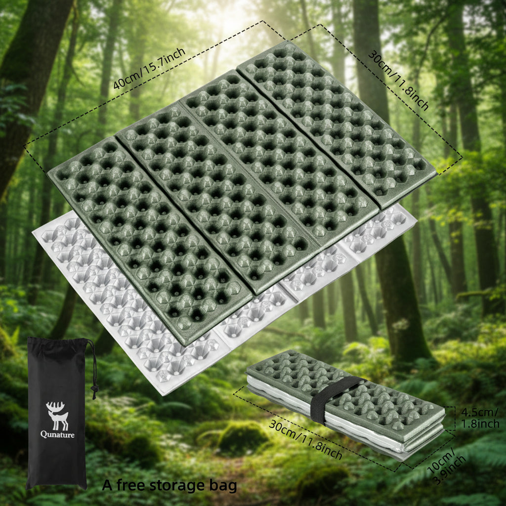 Green camping mattress with measurement details and a black storage bag