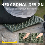 Hexagonal design seat pad with text highlighting its features, shown on a person sitting on it.