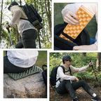 Collage of a person using outdoor gear including a backpack, mat, and sleeping pad in a forest setting.