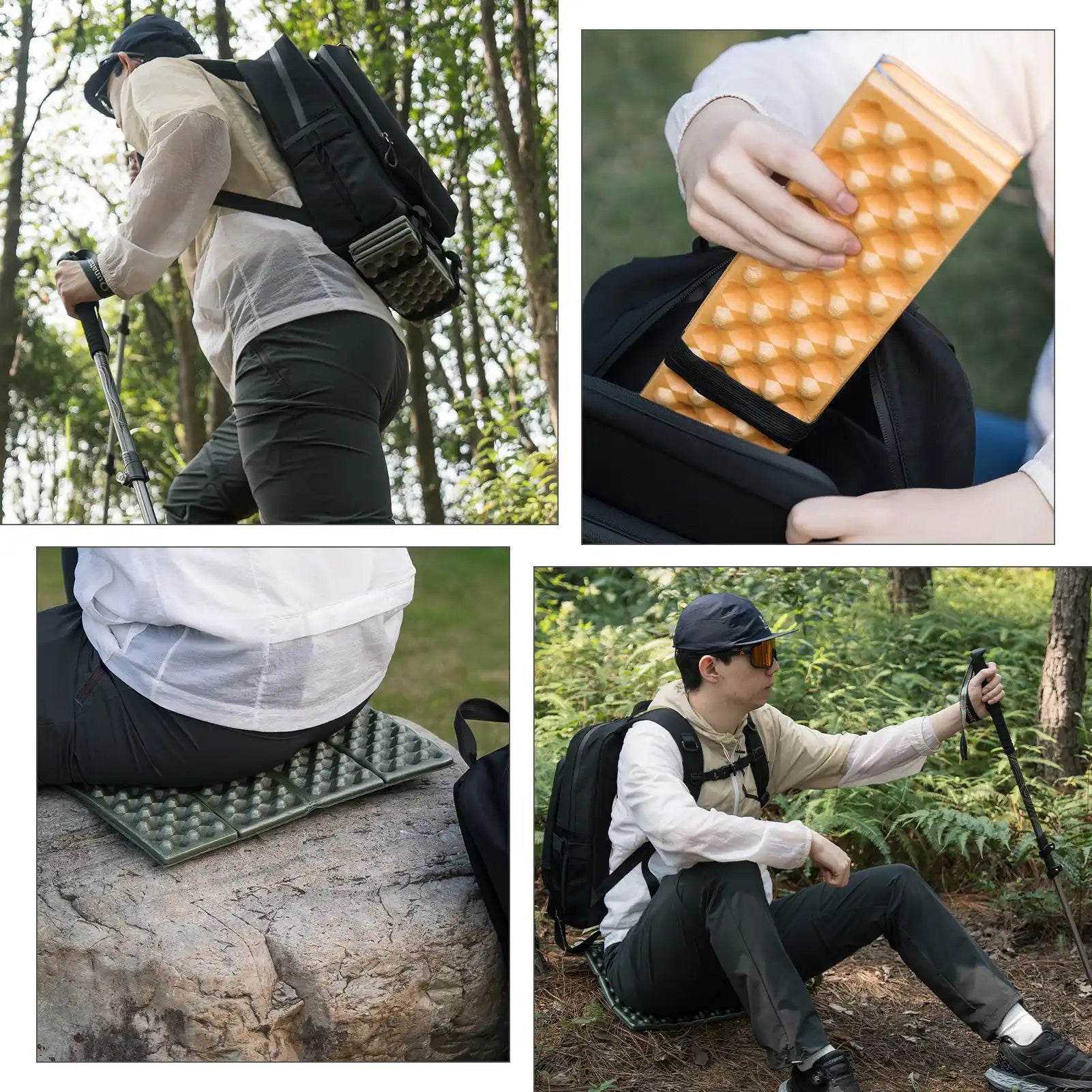 Collage of a person using outdoor gear including a backpack, mat, and sleeping pad in a forest setting.