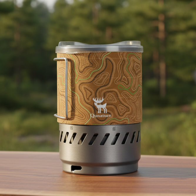 Portable stove with topographic design and brand logo on a forest background - offered by the best camping gear store in Pennsylvania, The Adirondack Tool Co.