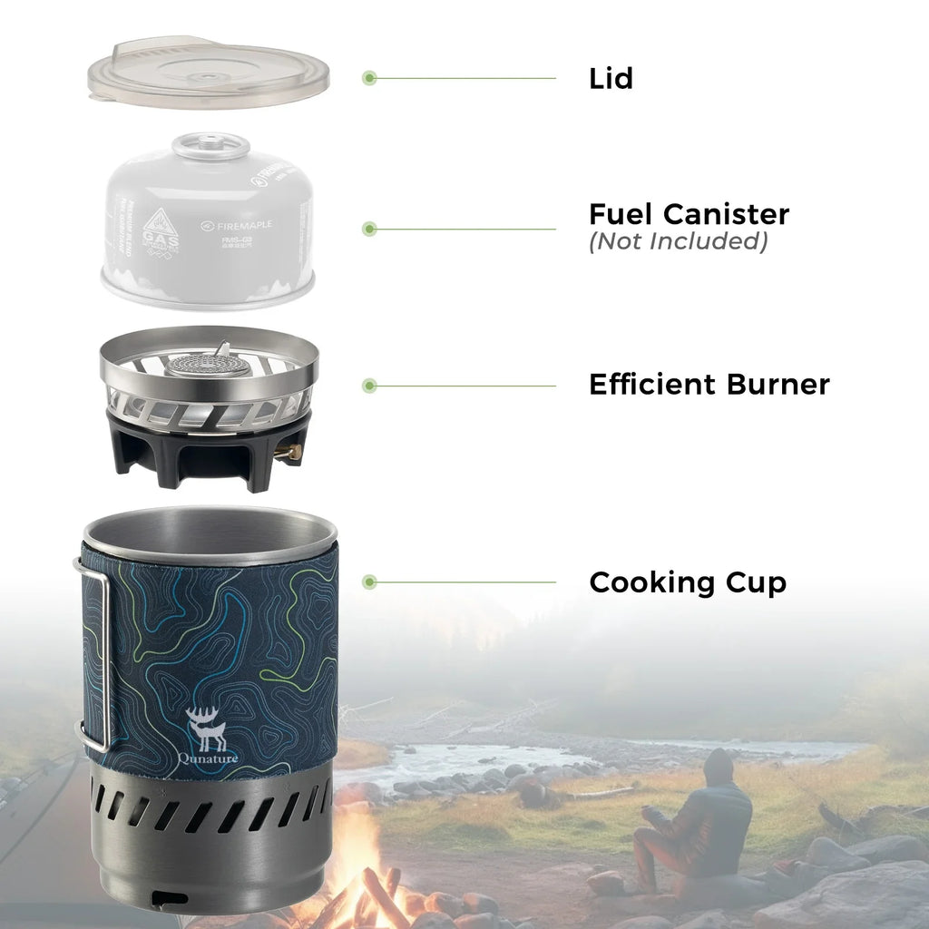Camping stove with labeled parts on a scenic background - offered by the best camping gear store in Pennsylvania, The Adirondack Tool Co.