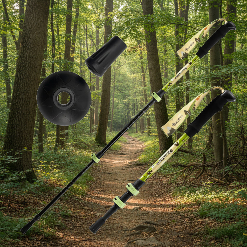 Two hiking poles with green camouflage patterns on a forest background - offered by the best outdoor gear store in New York, The Adirondack Tool Co.