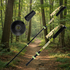 Two hiking poles with green camouflage patterns on a forest background - offered by the best outdoor gear store in New York, The Adirondack Tool Co.