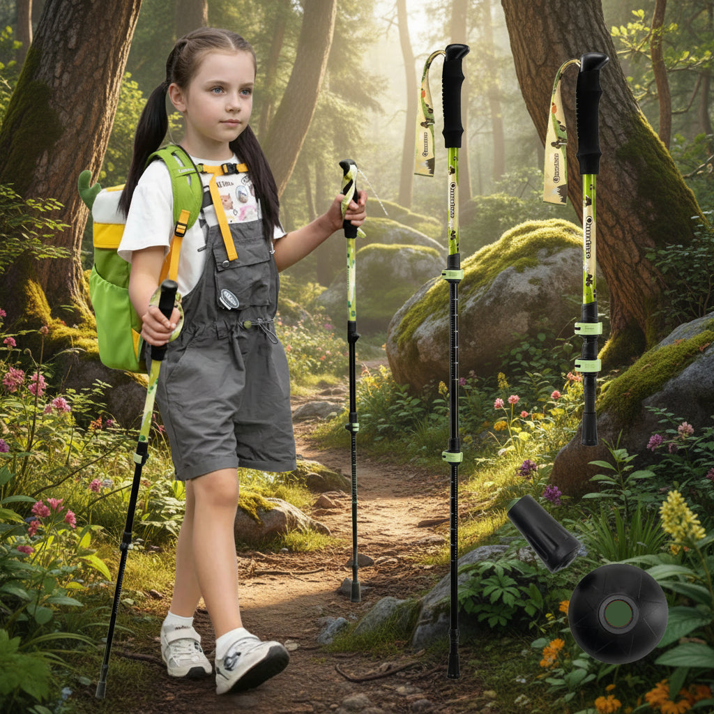 Child with hiking poles and backpack in a forest setting - offered by the best outdoor gear store in New York, The Adirondack Tool Co.