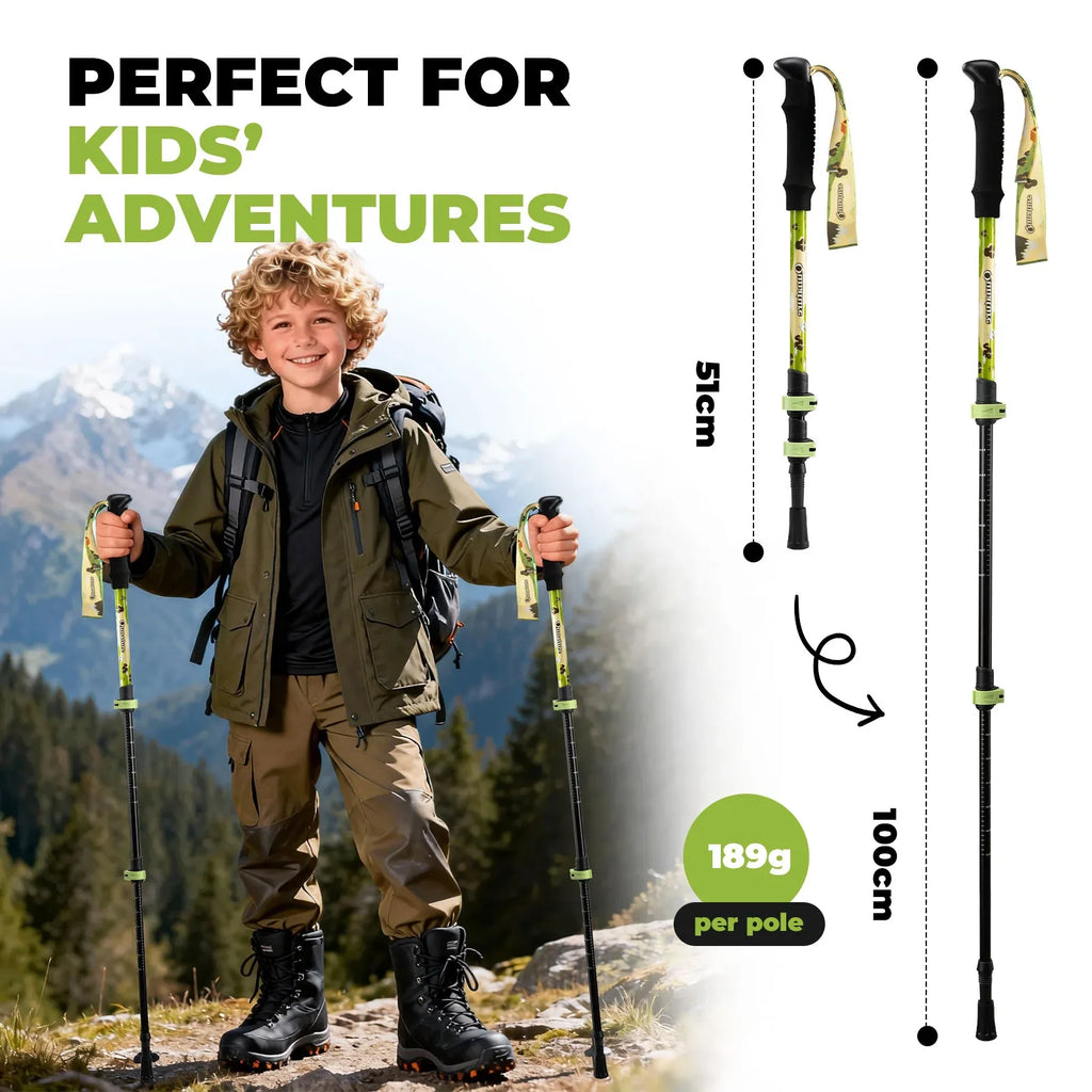 Child with hiking poles and text describing length settings on an outdoor and white background - offered by the best outdoor gear store in New York, The Adirondack Tool Co.