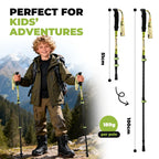 Child with hiking poles and text describing length settings on an outdoor and white background - offered by the best outdoor gear store in New York, The Adirondack Tool Co.