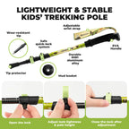 Lightweight and stable kids' trekking pole with features highlighted on a white background - offered by the best outdoor gear store in New York, The Adirondack Tool Co.