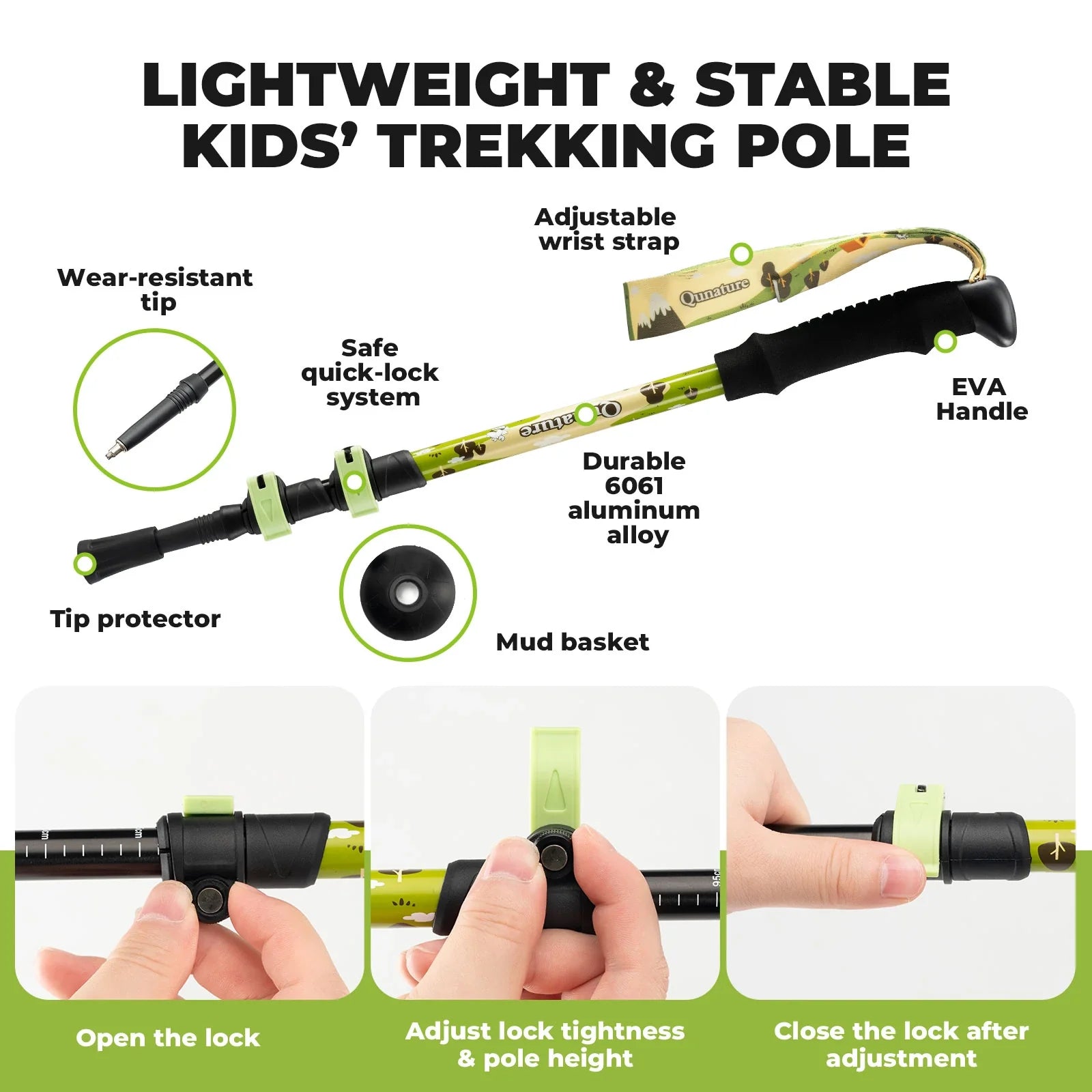 Lightweight and stable kids' trekking pole with features highlighted on a white background - offered by the best outdoor gear store in New York, The Adirondack Tool Co.