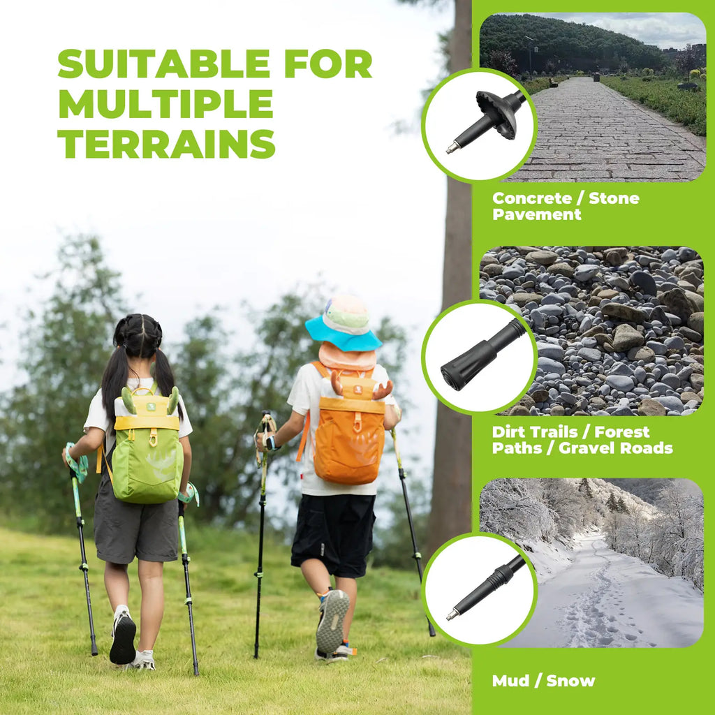 Two children hiking with backpacks and poles on a grassy area, with text about suitable terrains - offered by the best outdoor gear store in New York, The Adirondack Tool Co.