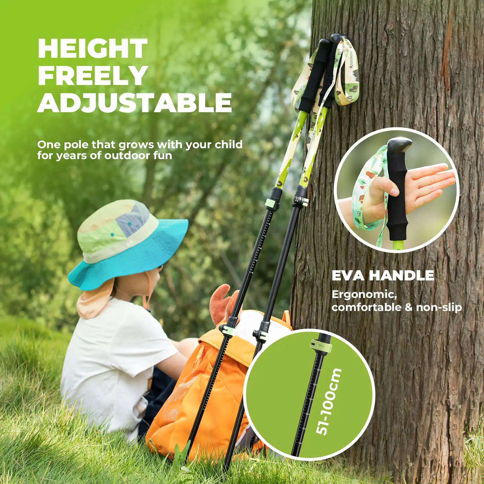 Child sitting on the grass with height-adjustable hiking poles, emphasizing ergonomic handle and adjustable length - offered by the best outdoor gear store in New York, The Adirondack Tool Co.