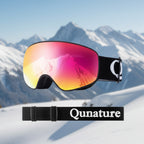 Ski goggles with colorful lens and black strap displaying 'Qunature' brand on a mountain background - offered by the best outdoor gear store in Pennsylvania, The ADK Tool Co.