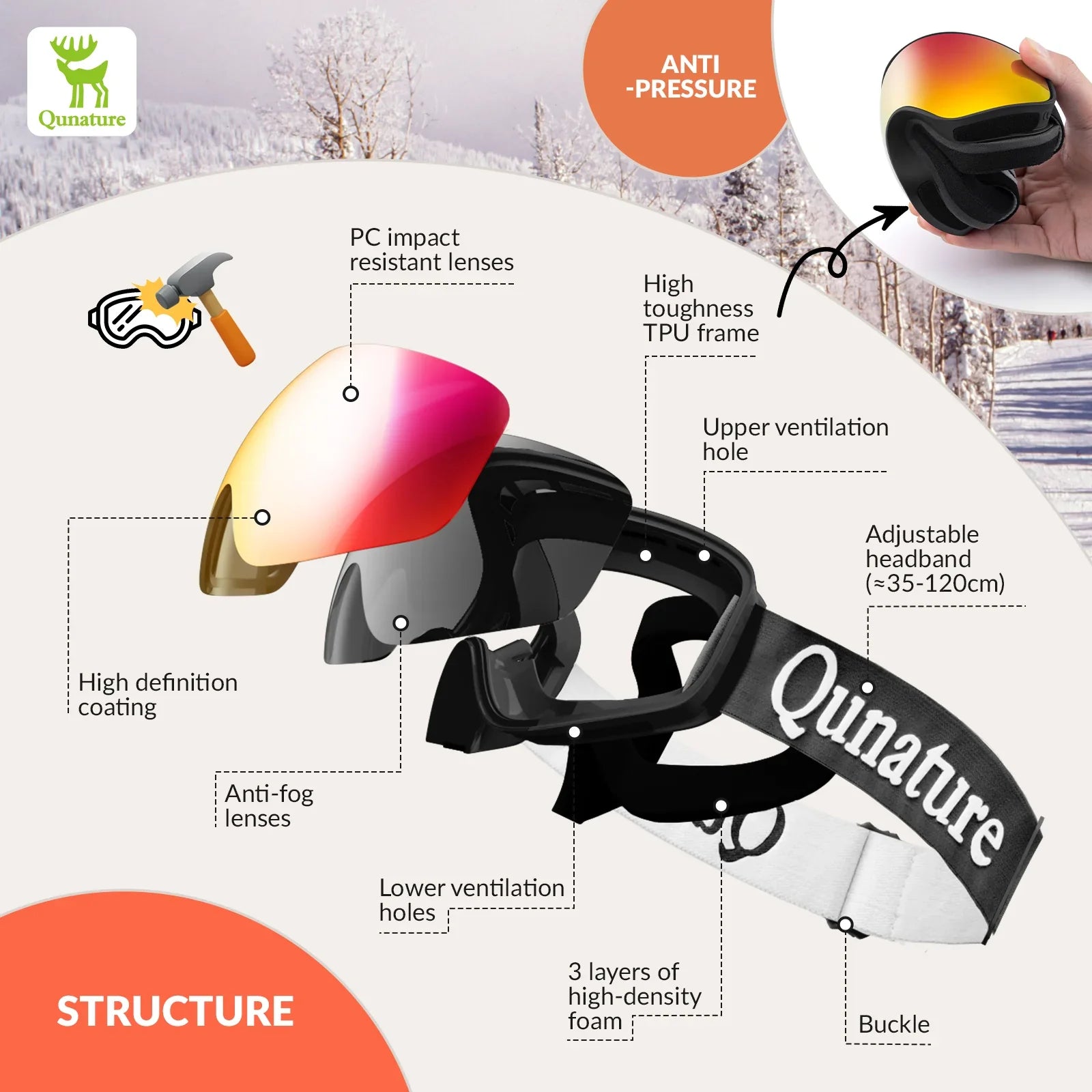 Quinature ski goggles with features highlighted on a snowy background - offered by the best outdoor gear store in Pennsylvania, The ADK Tool Co.