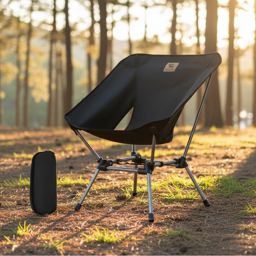 Black folding chair with carrying case on a forest background - offered by the best outdoor gear store in Pennsylvania, The Adirondack Tool Co.