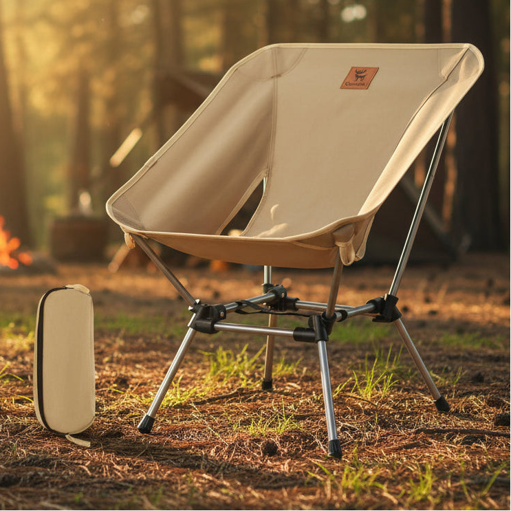 Beige camping chair with carrying case in a forest setting - offered by the best outdoor gear store in Pennsylvania, The Adirondack Tool Co.