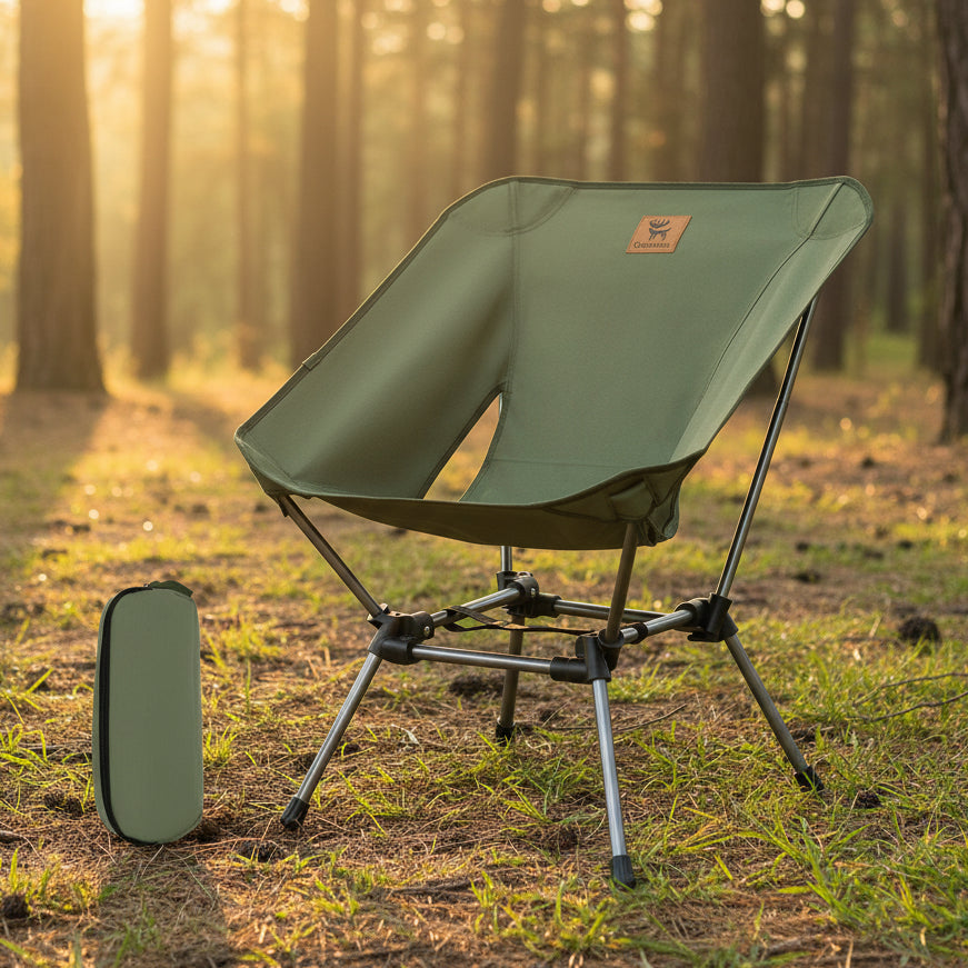 Green camping chair with carrying case on a forest background - offered by the best outdoor gear store in Pennsylvania, The Adirondack Tool Co.