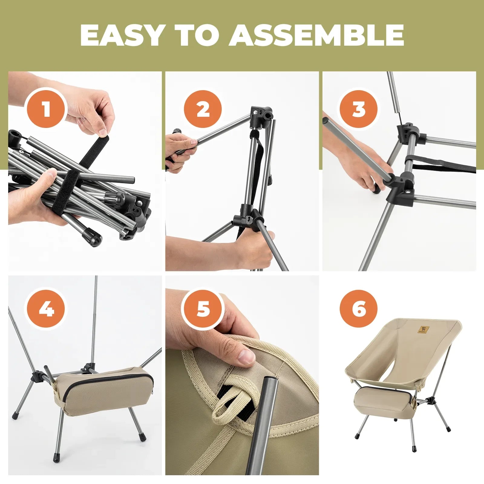 Step-by-step assembly guide for a portable chair with text 'Easy to Assemble' - offered by the best outdoor gear store in Pennsylvania, The Adirondack Tool Co.