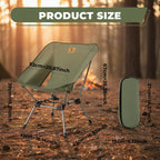 Green folding chair with measurements on an outdoor background - offered by the best outdoor gear store in Pennsylvania, The Adirondack Tool Co.