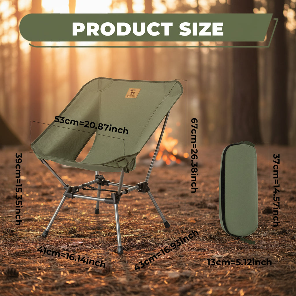 Green folding chair with measurements on an outdoor background - offered by the best outdoor gear store in Pennsylvania, The Adirondack Tool Co.