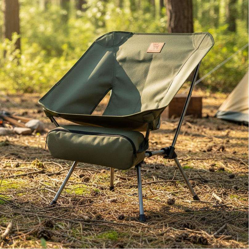 Green camping chair with storage bag on a forest background - offered by the best outdoor gear store in Pennsylvania, The Adirondack Tool Co.
