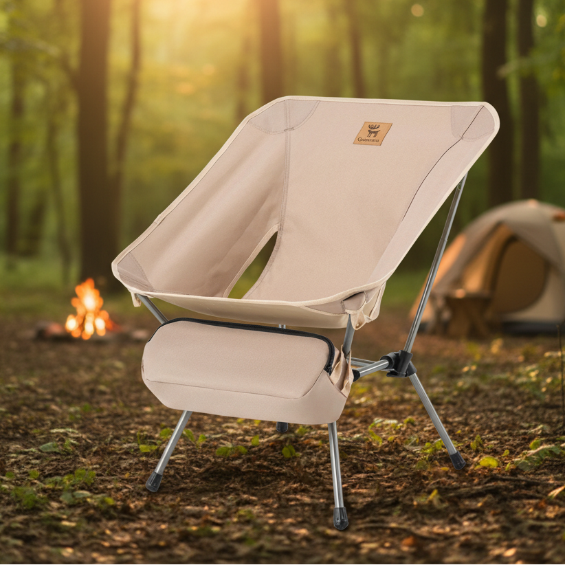 Beige camping chair with a small storage compartment on a forest background - offered by the best outdoor gear store in Pennsylvania, The Adirondack Tool Co.