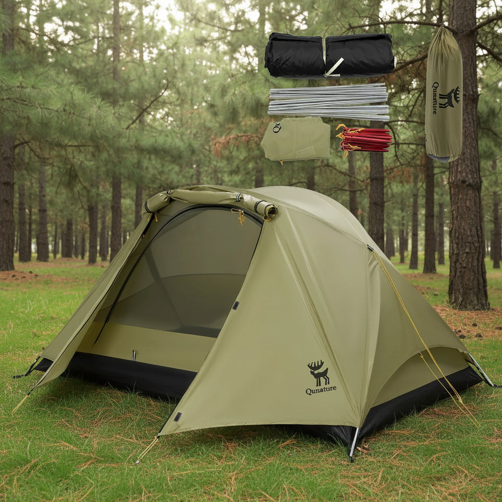 Green camping tent with accessories on a forest background - offered by the best camping gear store in Massachusetts, The Adirondack Tool Co.