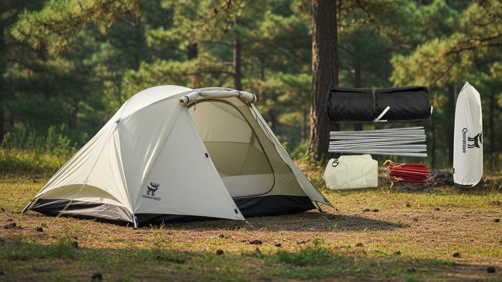 Camping tent with accessories on a forest background - offered by the best camping gear store in Massachusetts, The Adirondack Tool Co.