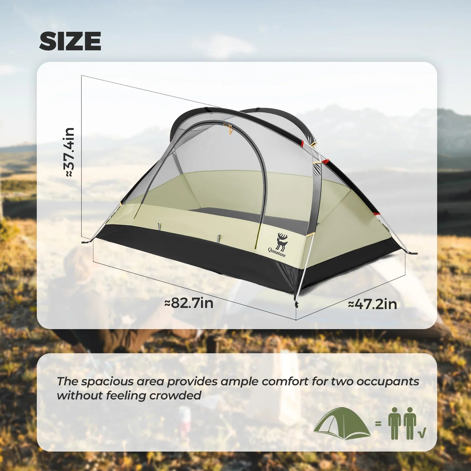 Camping tent with dimensions displayed on a natural background - offered by the best camping gear store in Massachusetts, The Adirondack Tool Co.
