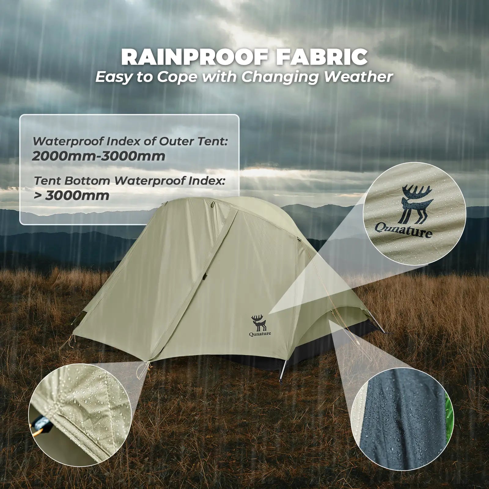 Tent with rainproof fabric features on a rainy background - offered by the best camping gear store in Massachusetts, The Adirondack Tool Co.