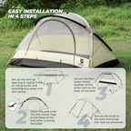 Camping tent with step-by-step installation guide on a grassy background - offered by the best camping gear store in Massachusetts, The Adirondack Tool Co.