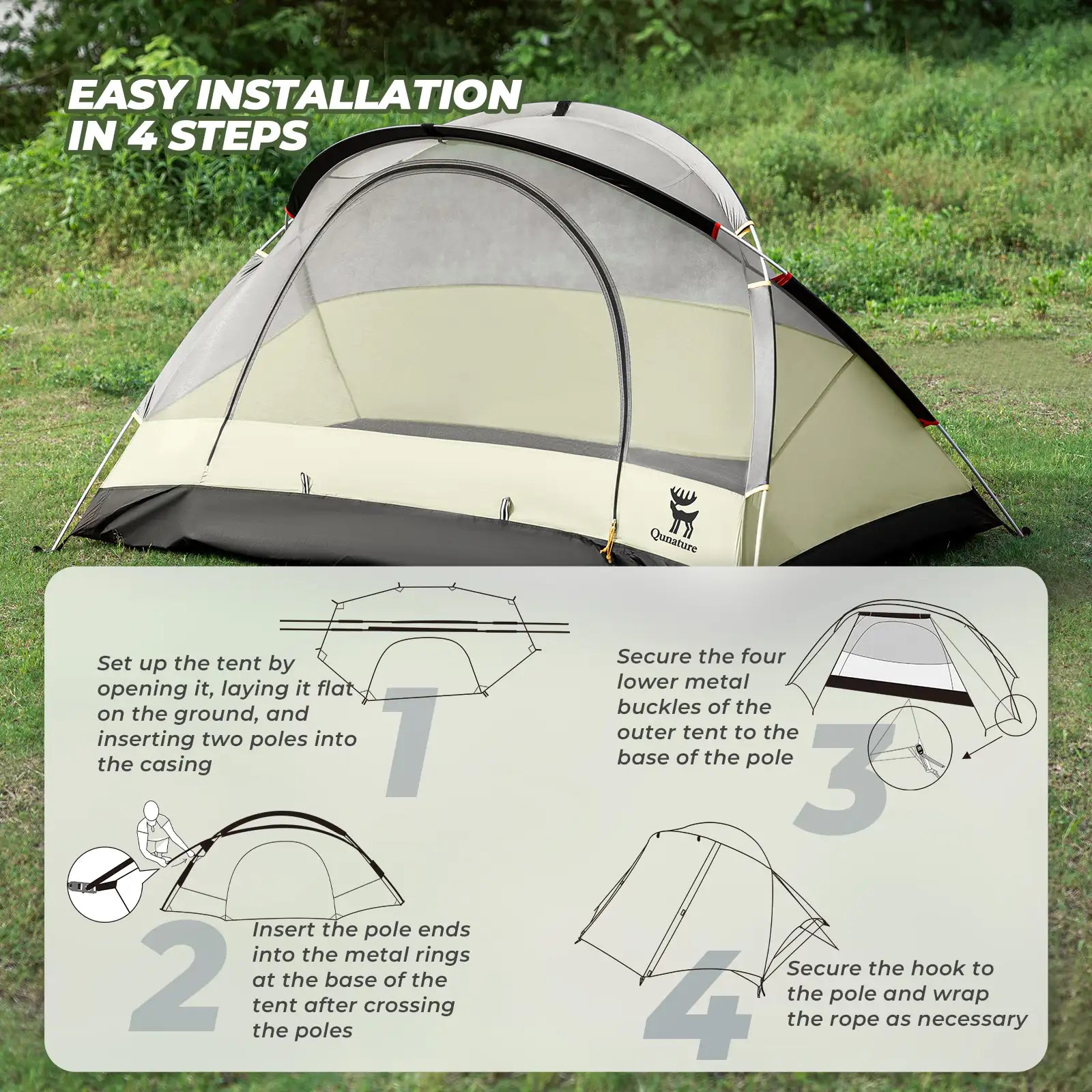 Camping tent with step-by-step installation guide on a grassy background - offered by the best camping gear store in Massachusetts, The Adirondack Tool Co.