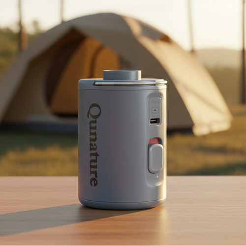 Gray cylindrical mini air pump with 'Qunature' branding on an outdoor background - offered by the best camping gear store in New York, The ADK Tool Co.