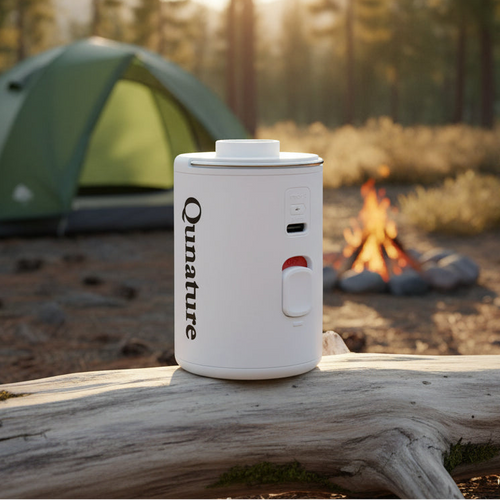 white Qunature mini air pump on a camping background - offered by the best outdoor gear store in Pennsylvania, The ADK Tool Co.