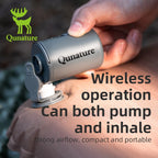 Hand holding a Qunature mini air pump device with text about wireless operation and features - offered by the best camping gear store in New York, The ADK Tool Co.